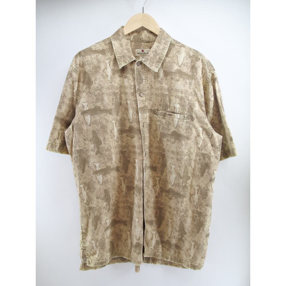 Vtg Woolrich All Over Print Short Sleeve Mens Button‎ Up Shirt Fishing Large
